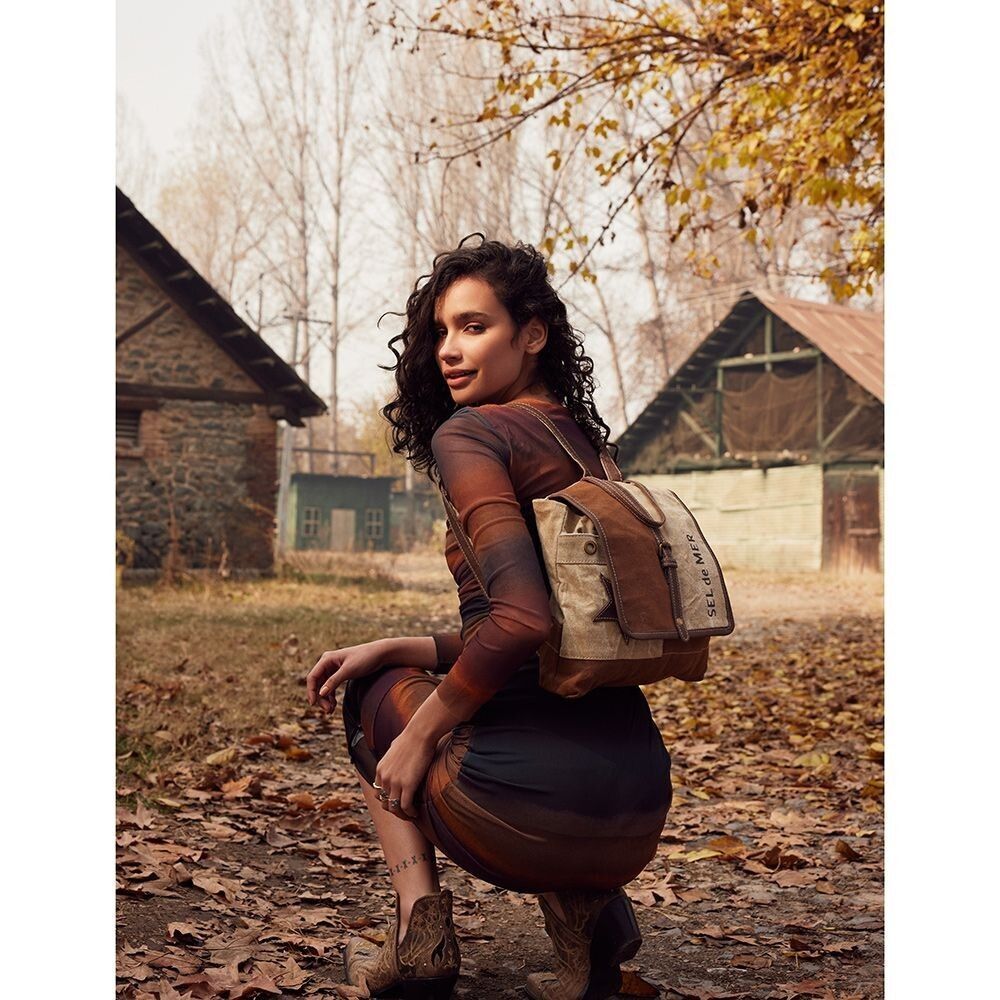 Myra Bag Handmade Tahini Backpack Upcycled Canvas & Cowhide Leather